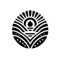 Intricate black and white circular featuring stylized sunrisesunset over a landscape, with geometric and organic shapes, creating a minimalist or emblem. vector