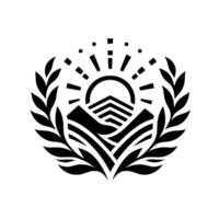 Monochromatic Emblem Sunrise over Mountainous Terrain, Encircled by Laurel Wreath, Geometric Design. vector