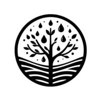 Minimalist Circular Emblem of a Tree, Raindrops, and Ground Lines, Symbolizing Natures Connection to Water, in Black and White. vector