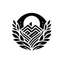 Ornate Black and White Emblem Geometric Mountain within a Circular Frame, Flanked by Laurel Leaves, on a White Background. vector