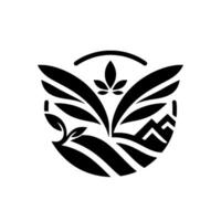 Black and white circular featuring stylized mountains, fields, and floral elements representing a natural landscape. vector