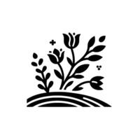 Elegant floral arrangement in a minimalistic silhouette with tulips, leaves and berries on a curved base. vector