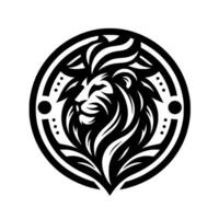 Bold Black and White Lion Crest A Regal Portrait of Strength within a Circular Emblem, Illustrative with Intricate Details. vector