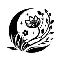 Symbolic Black and White Illustration A Crescent Moon Enveloping a Floral Motif, with Stars and Botanical Elements. vector
