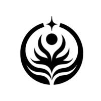 A minimalist black and white emblem showcasing a stylized, symmetrical floral or organic within a circular frame, crowned by a star and a central dot. vector
