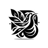 A stylized black and white featuring a dove intertwined with leaves within a square frame, showcasing natures beauty. vector