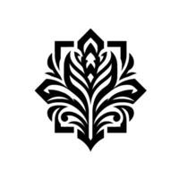 Symmetrical floral pattern with a geometric frame, showcasing a stylized, black and white, intricate of leaves and curves on a clean white background. vector