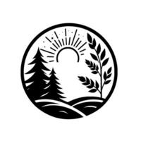 Silhouette illustration within a circle showcasing a nature scene with pine trees, sun, and foliage. vector