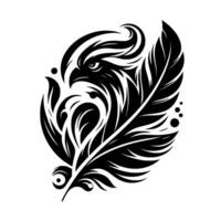 A bold, black and white depicting an eagles head intertwined within the intricate form of a feather, rendered in a stylized, flowing art style. vector