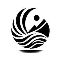 A minimalist, stylized depicts a mountain, sun, and waves contained within a circular frame, showcasing a blend of natural elements in bold black and white. vector