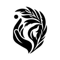A stylized, abstract featuring a delicate hand cradling a flourishing plant, interwoven with flowing white and dark shapes, conveying growth and protection. vector