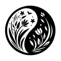 Yin and Yang Symbol with Botanical Elements Black and White Composition of Flowers, Grasses, and a Butterfly. vector