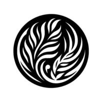 Abstract black and white circular featuring stylized leaflike shapes, evoking a sense of balance and elegance, centered on a contrasting white background. vector