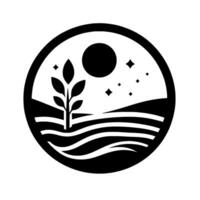 A minimalist, black and white circular emblem depicting a tree, moon, stars, and rolling hills over stylized water or fields. vector