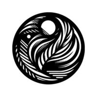 Intricate black and white symmetrical circular with avianlike motif, showcasing feathers and geometric elements within a minimalist aesthetic. vector