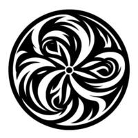 Symmetrical Black and White Circular Ornamental Featuring Swirling, Flowing, and Curving Shapes Radiating from a Central Point. vector