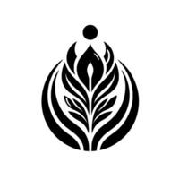Stylized Black and White Floral Emblem, resembling a stylized flower composed of leaves and petals within a teardrop shape. vector