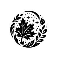 A stylized black and white circular featuring a maple leaf center, encompassed by leaves, crescent moon, stars, and dots, evoking nature and elegance. vector