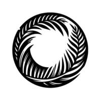Abstract black and white of stylized tropical leaves forming a circular shape, resembling a stylized eye or portal. vector