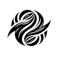 Abstract black and white tribal emblem resembling an intricate, symmetrical of interwoven shapes, suggesting balance, harmony, and movement. vector