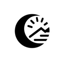 Abstract minimalist black and white featuring crescent moon with mountain range in the center and sun rays emanating. vector