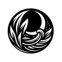 A stylized, monochrome composition within a circle, featuring abstract leaflike shapes, swirling patterns, and a crescent moon, evoking a sense of natural elegance. vector