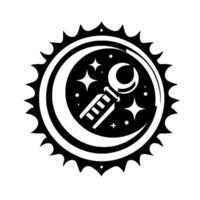 Symbolic Monochromatic Emblem Crescent Moon, Wrench, and Celestial Stars in a Decorative Round Frame on White Background vector