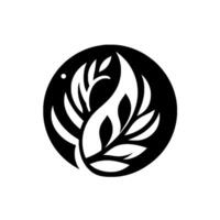 A minimalist, symmetrical emblem featuring a stylized floral of white leaves and flamelike shapes enclosed within a black circular background, all set against a clean white backdrop. vector