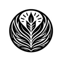 A stylized black and white circular emblem of a budding plant, radiating outwards, with linear accents, evoking growth and light. vector