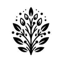 Symmetrical Black and White Floral Emblem with Leafy Branches, Berries, and Dots, Illustrating a Simple, Decorative on a White Backdrop. vector