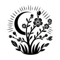 Black and white floral with a crescent moon surrounded by sun rays, creating a serene and balanced composition suggestive of nature and tranquility. vector