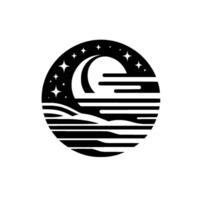 A minimalist, circular, black and white featuring the crescent moon, starry night sky, stylized waves, and horizontal lines within a complete circle, evoking a sense of tranquility and serenit vector