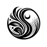 Elegant Black and White Circular Yin Yang with Leaf and Crescent Elements on White Background, Symbolic Illustration. vector