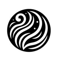 A monochrome, stylized celestial emblem, a black circle filled with fluid white curves and dots, suggesting swirling energy and movement. vector
