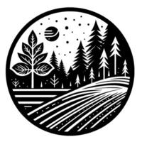 Stylized monochrome circular illustration depicting a serene winter landscape with trees, fields, a textured sunmoon, and dotted snowflakes. vector