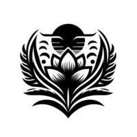 Elegant Black and White Floral Mandala with Winglike Elements, Geometric Shapes, and a Circular Sun in Negative Space. vector