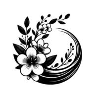 Elegant Black and White Floral with Blossom, Leaves, and Curved Frame, in a Stylized, Minimalist Composition. vector