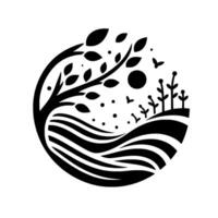 A minimalist monochrome nature scene in a circular frame a tree, rolling hills, sun, butterflies, and floral elements. vector
