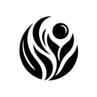Abstract black and white of a rounded form featuring stylized leaflike shapes and a central sphere, evoking harmony and nature. vector