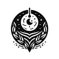 Intricate monochrome illustration of a celestialthemed emblem featuring a crescent moon, stars, and stylized foliage enclosed within a circular frame. vector