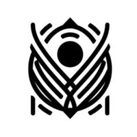 Abstract geometric black and white featuring a central circle, intersecting lines, and a symmetrical, stylized form. vector