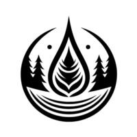 A stylized, monochromatic depicting a teardropshaped landscape, featuring stylized pine trees, an abstract boat, and a central treelike form, contained within an oval. vector