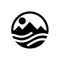 Stylized monochromatic emblem of a landscape scene, circular frame features mountains, a sun, and stylized waves, conveying a sense of natures beauty. vector