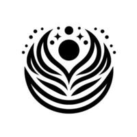 Abstract black and white symmetrical stylized emblem with a central sphere, curved lines, dots, and starbursts, on white background. vector
