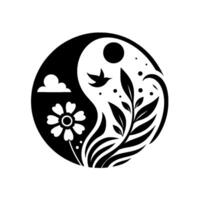 A stylized YinYang symbol with natural elements a cloud, flower, bird, sun, and foliage, presented in stark black and white. vector