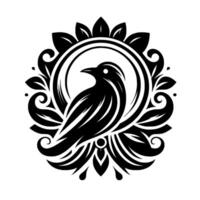 Intricate Black Raven Silhouette Encircled by Ornate Foliage and Floral Embellishments, Creating a Decorative and Stylized Emblem. vector