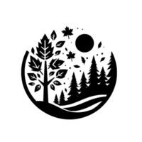 A stylized black and white circular nature illustration depicting a tree, forest, falling leaves, and a sun in a serene, minimalist design. vector