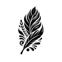 A stylized monochrome feather illustration with detailed patterns, delicate curves, and organic shapes against a clean white backdrop, emphasizing balance. vector