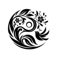 Intricate black and white YinYang inspired featuring a stylized bird, floral elements, leaves, and ornamental swirls, creating a harmonious, circular composition. vector