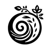 Artistic Black and White Circular Featuring a Swirling Pattern with Botanical Elements Leaves, Branches, and a Central Spiral. vector